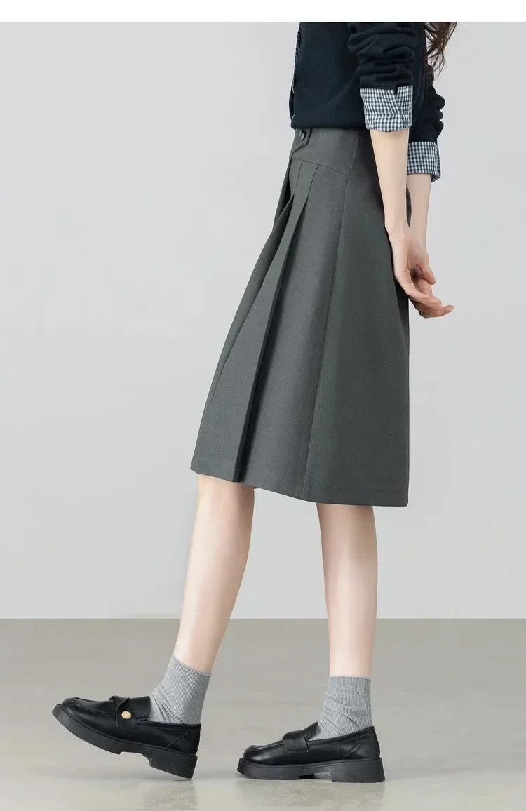 SENTUBILA Damen Leinenrock 2026 Herbst Halbplissiert Hochgeschnittener A-Linien-Midirock in Grau Schlank Vielseitige Damenkleidung 161QB6634 – Detail 29