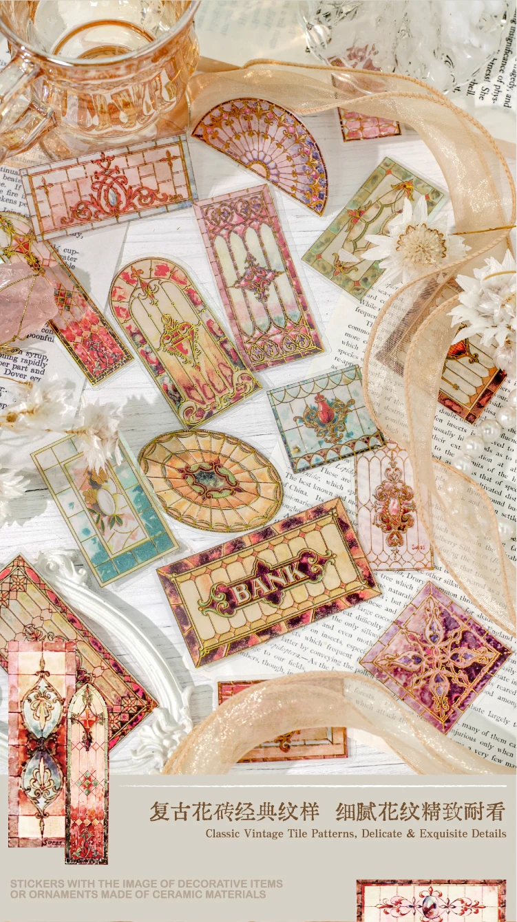 Journal GO 30 Stück Vintage wunderschöne florale Fliesen-Aufkleber mit Heißfolienprägung für Scrapbook-Karten, DIY, goldene geprägte Muster, Planer-Aufkleber – Detail 4