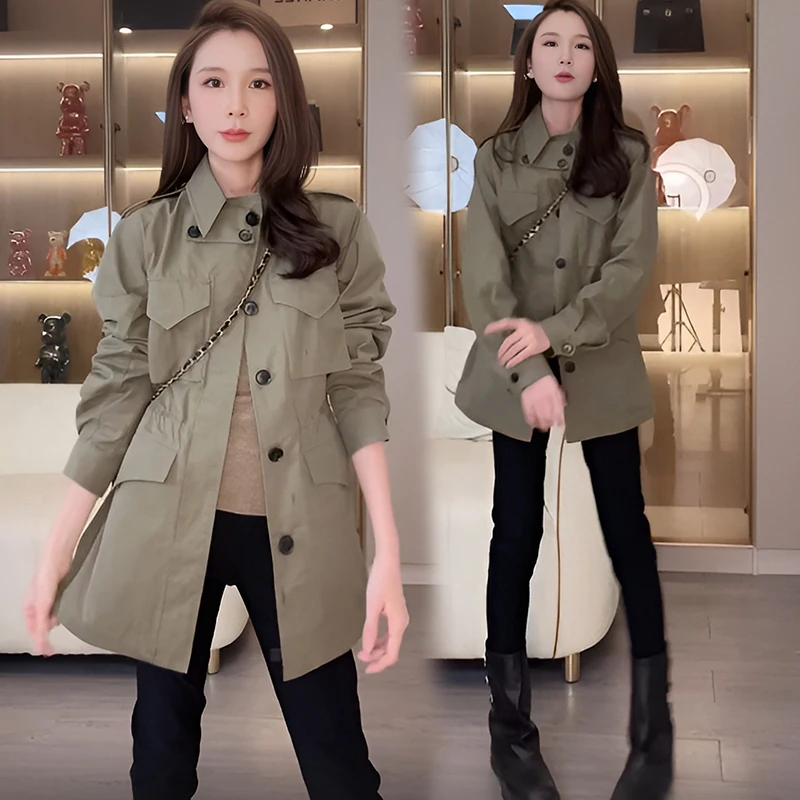 

SuperAen England-style Solid-color Long-sleeved lapel Collar Trench Coat Fashion Loose 2025 New Mid-length Coat