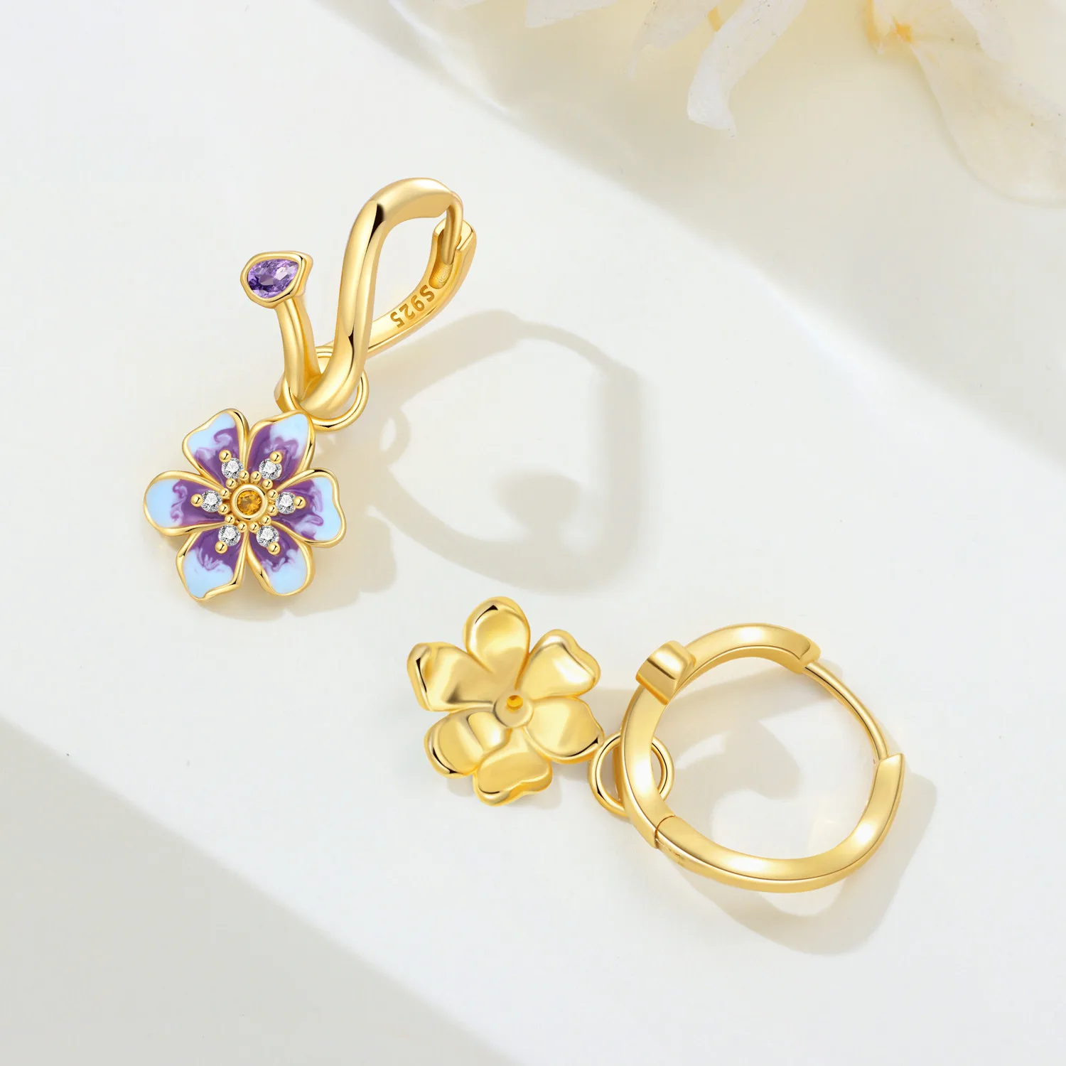 CYCUFF925 Sterling Silver 18K Gold Blue Purple Flower Earrings Original Jewelry Drop Earrings Jewelry Party Anniversary Gifts