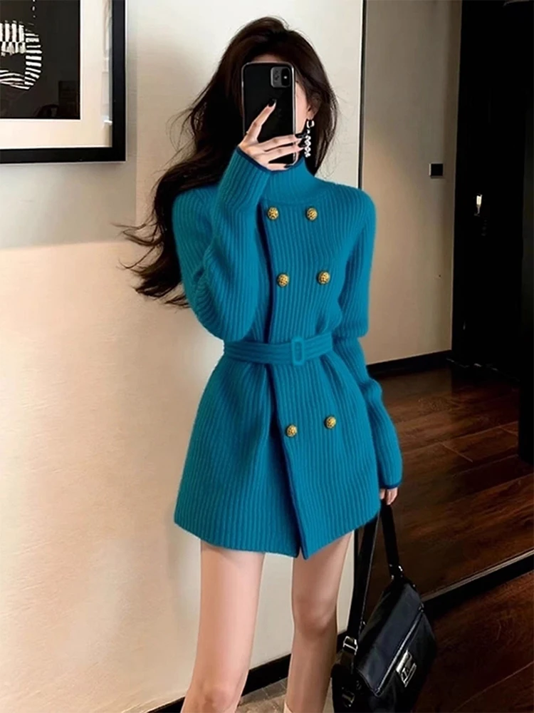 Blue Knitted Long Sleeve Coat for Women with Belt Waist Cinching Double Breasted Cardigan Light Maturity Style Online Exclusive