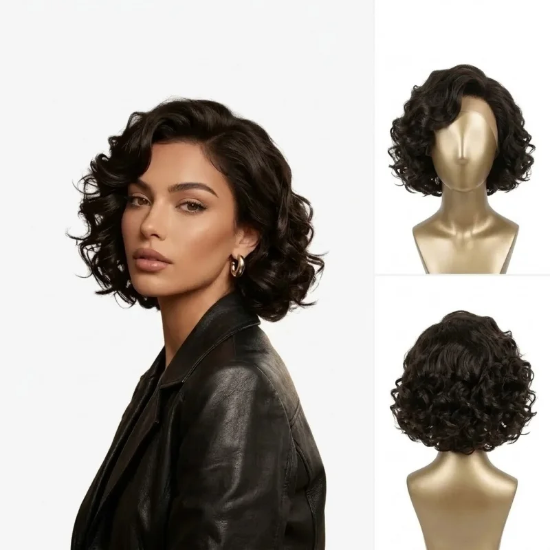 

Chocolate Ombre Loose Wave Synthetic Wig Side Part Root Lace Heat Resistant Short Curly Wig for Women