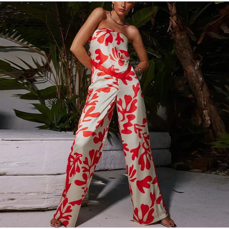 

Chic Casual Printed Women's Wide Leg Pants Suit Sexy Bellyband Lace Up Top Trousers Set 2023 Summer Lady Holiday Fashion Outfit