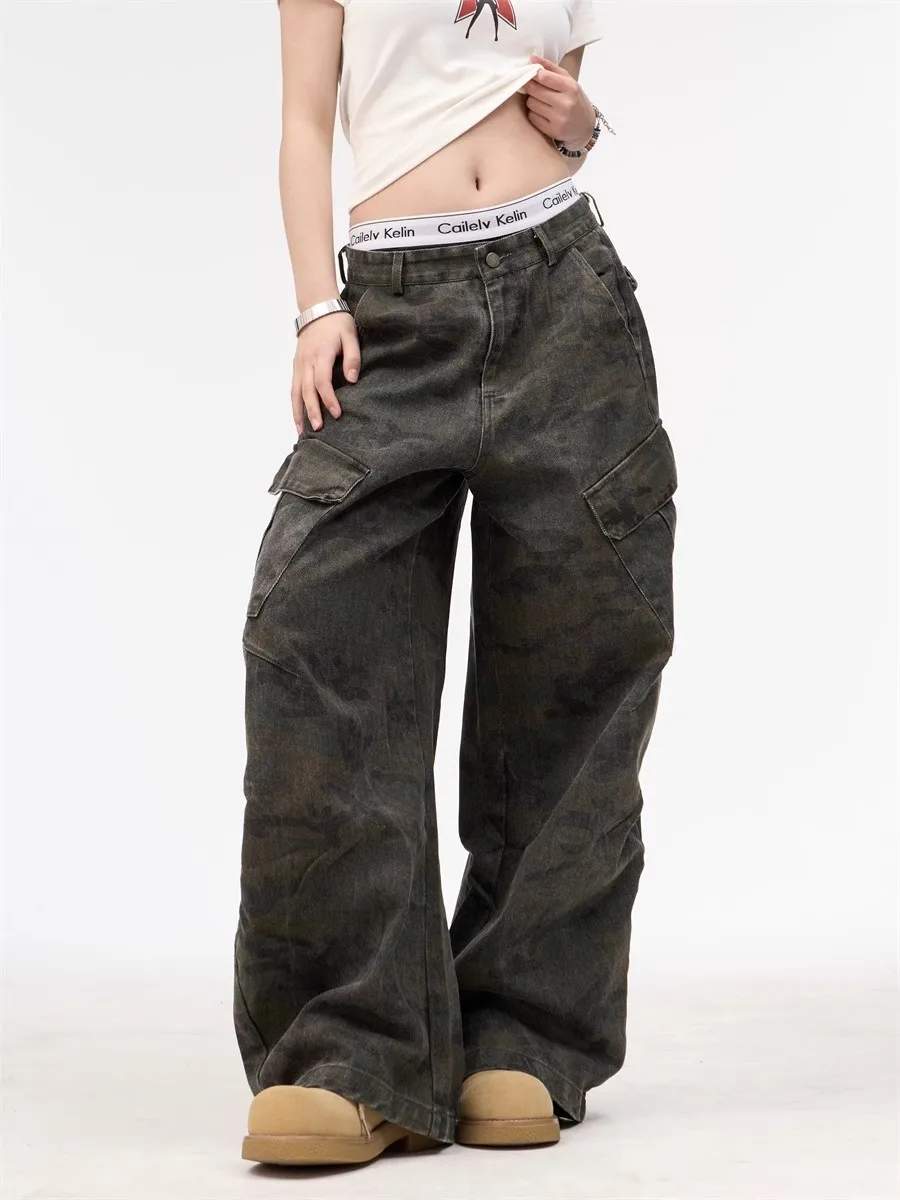 

Retro Camouflage Work Pants Curved Knife Sickle Design Unisex Couple Casual High Street Fashion Pants