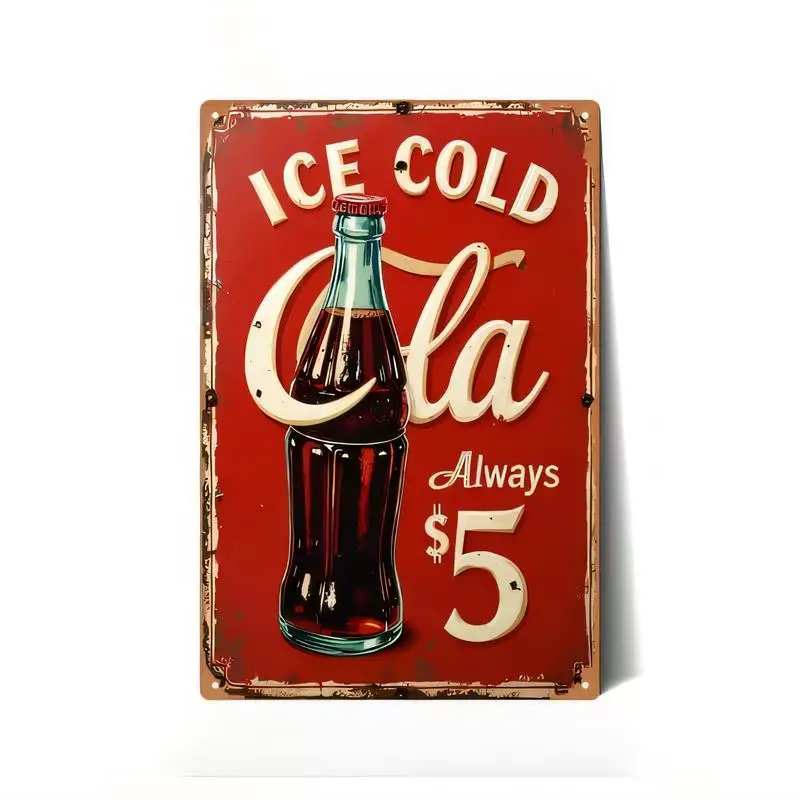 Vintage Ice Cold Cola Red Metal Sign - Retro Bottle Graphic Tin Wall Art, Perfect for Bar, Cafe & Home Decor - Iron, Nostalgic S