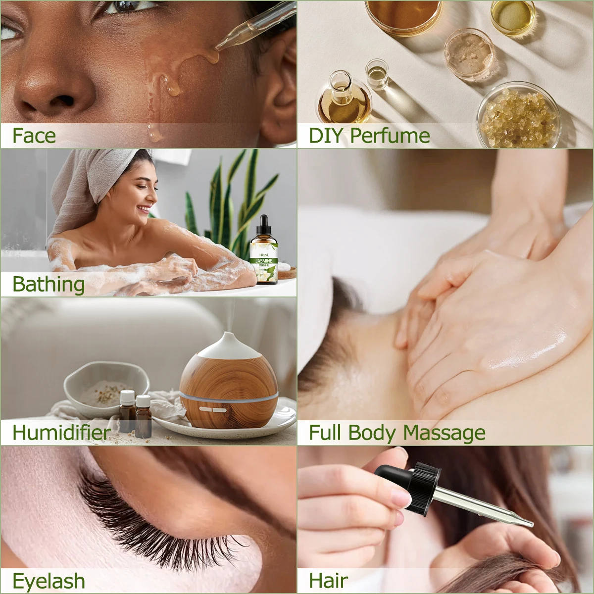 자스민 에센셜 오일은 피부 관리, 마사지, 목욕, 아로마테라피에 사용되며, 몸과 머리에 사용하기에 적합합니다.