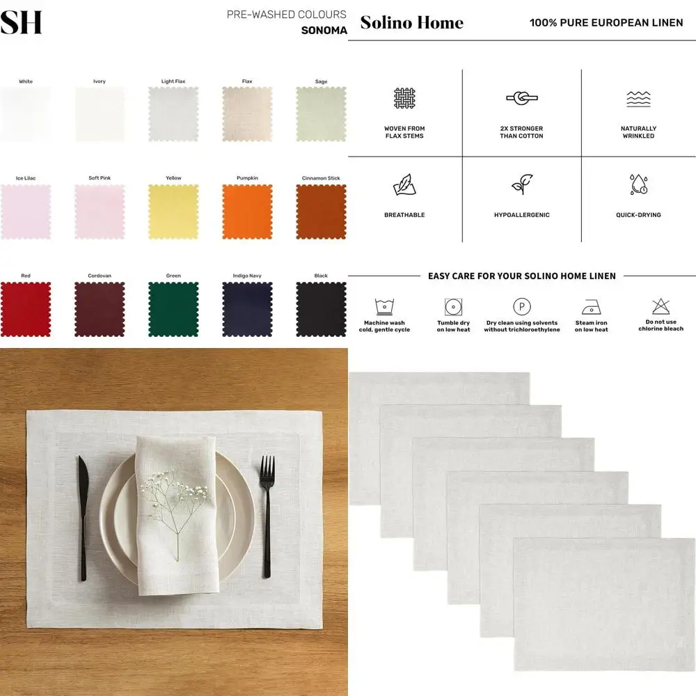 

100% Linen Elegant 6-Piece Placemats Set, 14x19 Inches, Perfect for Dining & Seasonal Decor