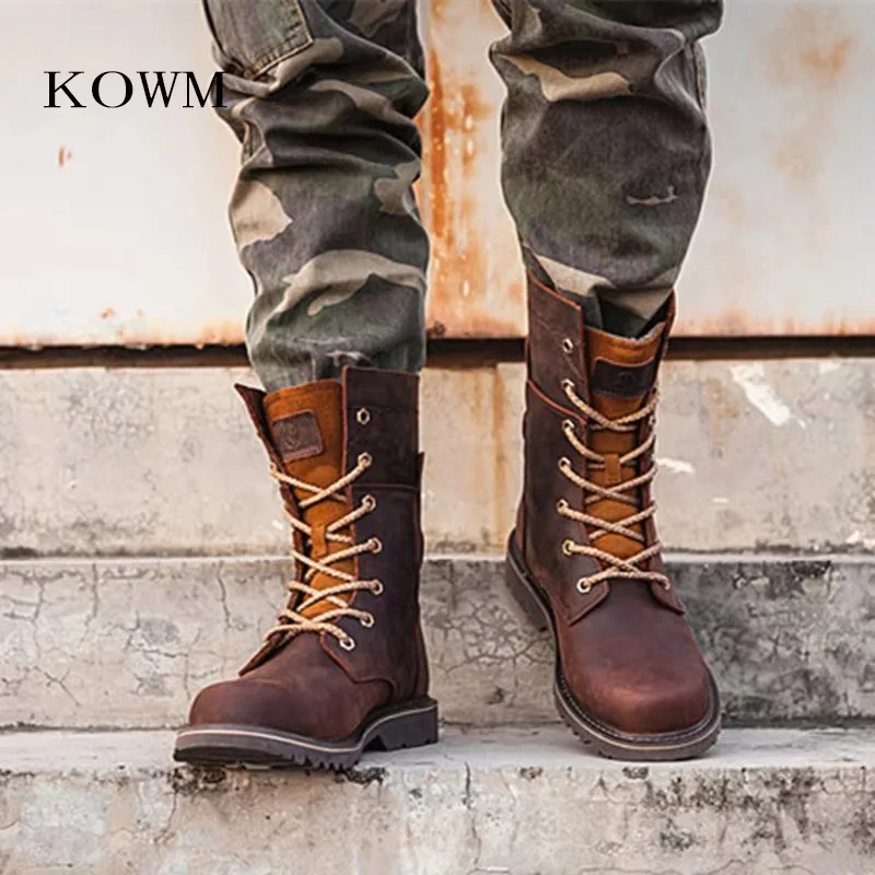 KOWM – chaussures de randonnée en cuir de vache pour hommes, imperméables, tactiques, pour moto, bottes de chasse, bottes de combat dans le désert, bottes de neige, baskets de trekking et de voyage