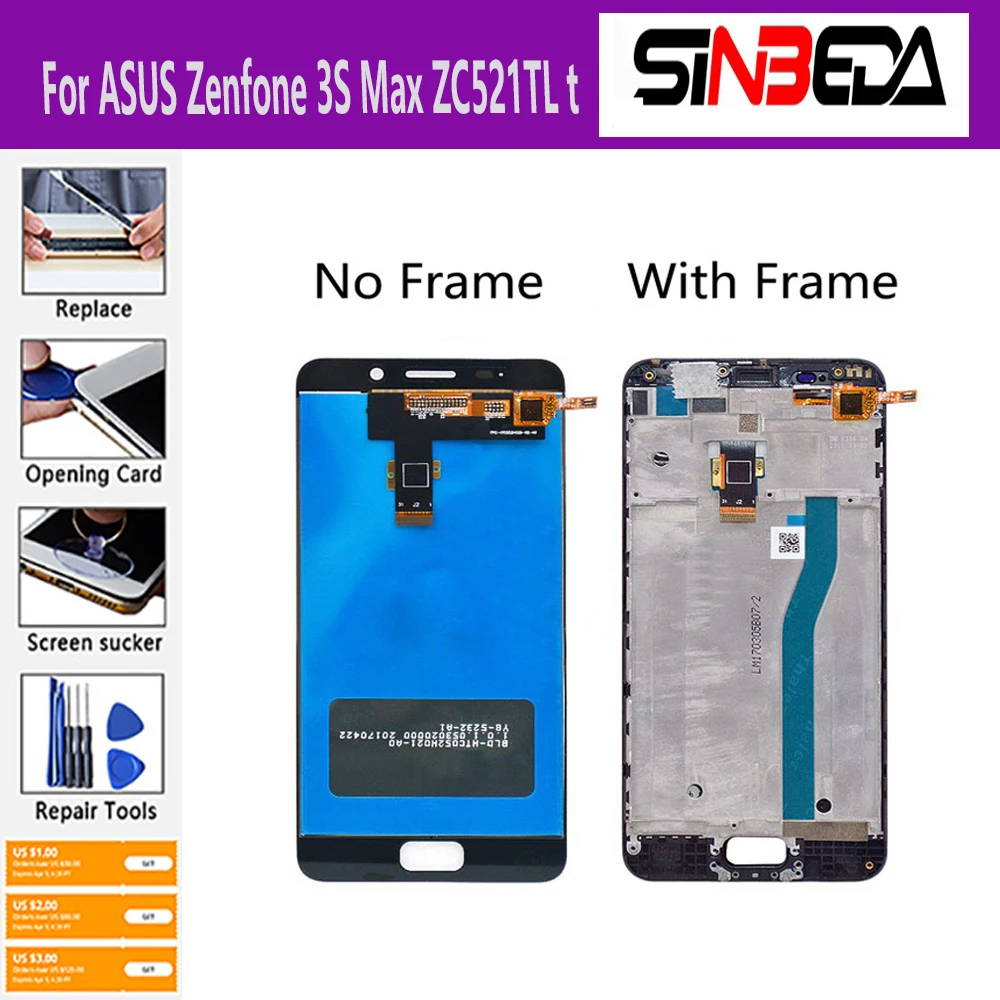 

5.2" For ASUS Zenfone 3S Max ZC521TL X00GD LCD Display Touch Screen with Frame Digitizer Assemble For ASUS ZC521TL Display X00GD