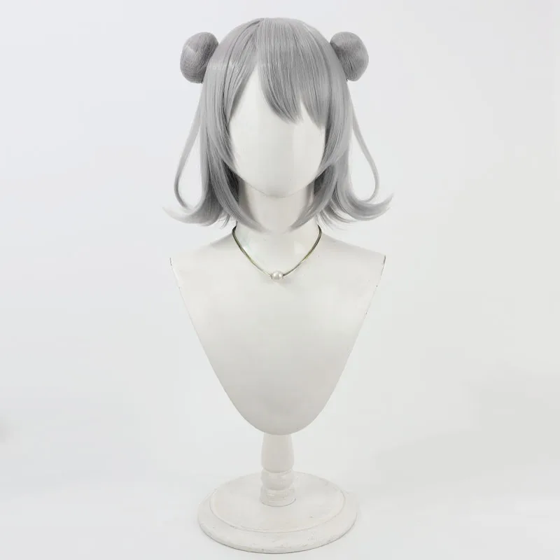 Koharu Rikka Cosplay Wigs With Buns Virtual YouTuber Koharu Rikka 30cm Short Gray Wig Heat Resistant