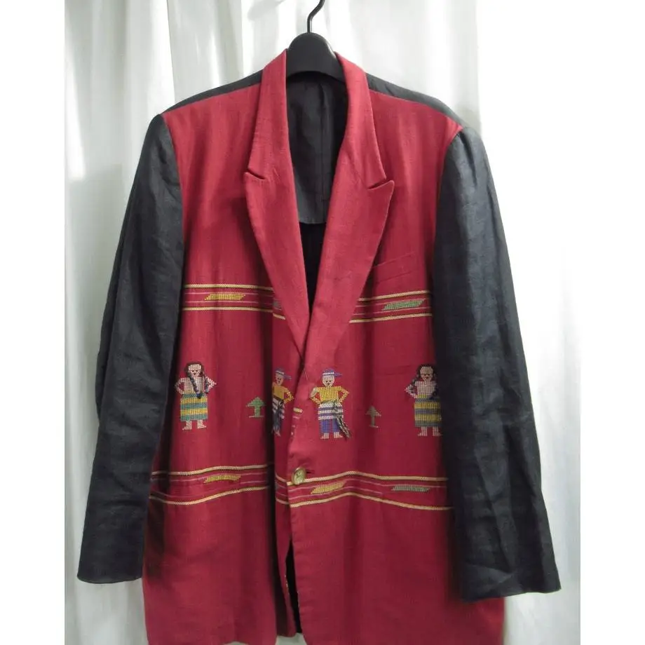 TOP-YAMAMOTO ® Vintage Style Embroidered Character Red Suit Coat for Women - Handcrafted Design Coat