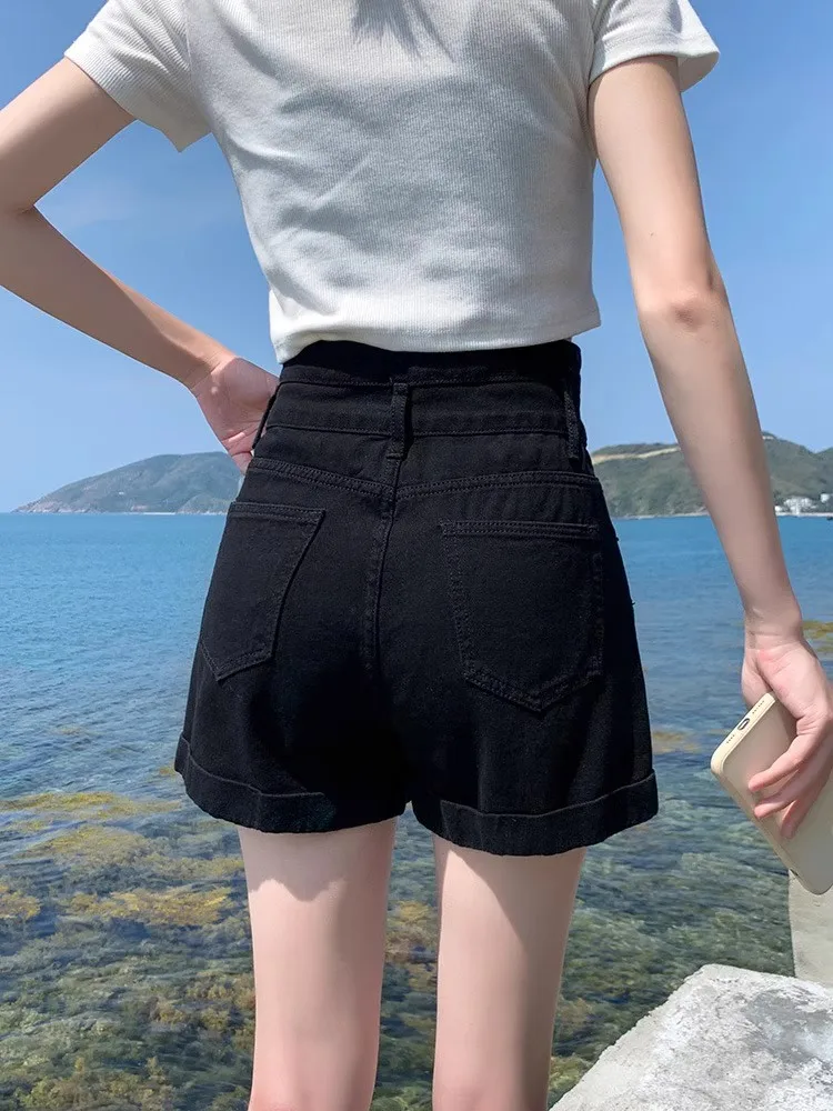 

Black Casual High Waist Wide Leg Jeans Shorts Women's Commute Style Summer New Korean Version Slimming Hot Pants