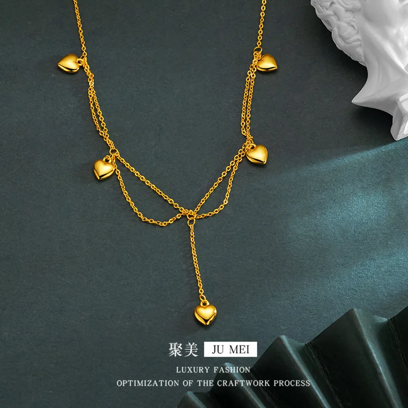 

Viora Jewelry Luxury 24K 9999 Pure Gold real gold Lace Five Peach Heart Chain Light Luxury Hollow Tassel Clavicle Chain