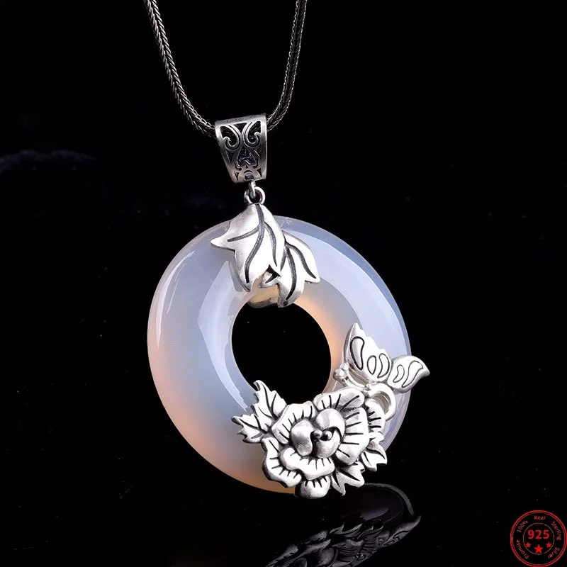 

S925 Sterling Silver Pendants for Women New Fashion Relief Peony Inlaid White Chalcedony Ethnic Style Jewelry Free Shipping