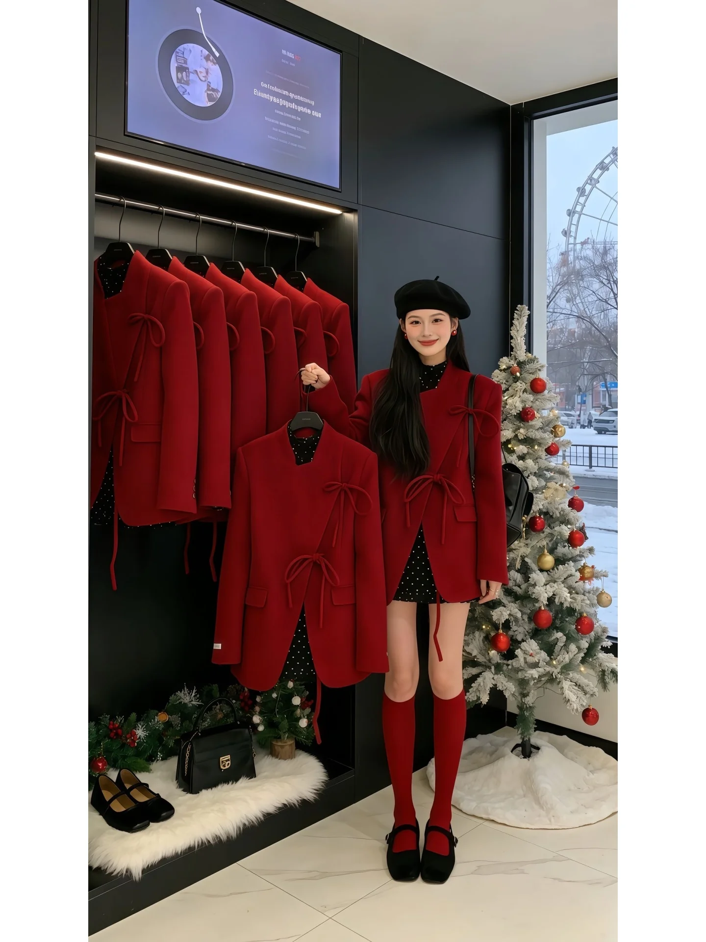 

Ele Winter Outfit Thiened Winter Coat Polka Dot Dr Sweet Set for New Year Red Color Busin Casual Faion Women