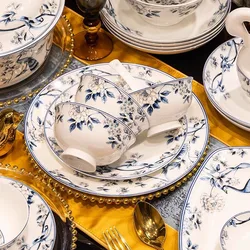 Blue Peacock Bone China Dining Plate Blue and White Kitchen Tableware Flower Ceramic Tableware Home Dining Bar Main Course Plate