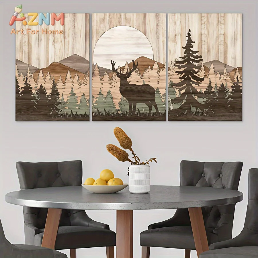 AZNM Forest Deer Mountain Canvas Wall Art Wood Grain Style Pine Tree Sunset Landscape Frameless Canvas Painting Home Living Room