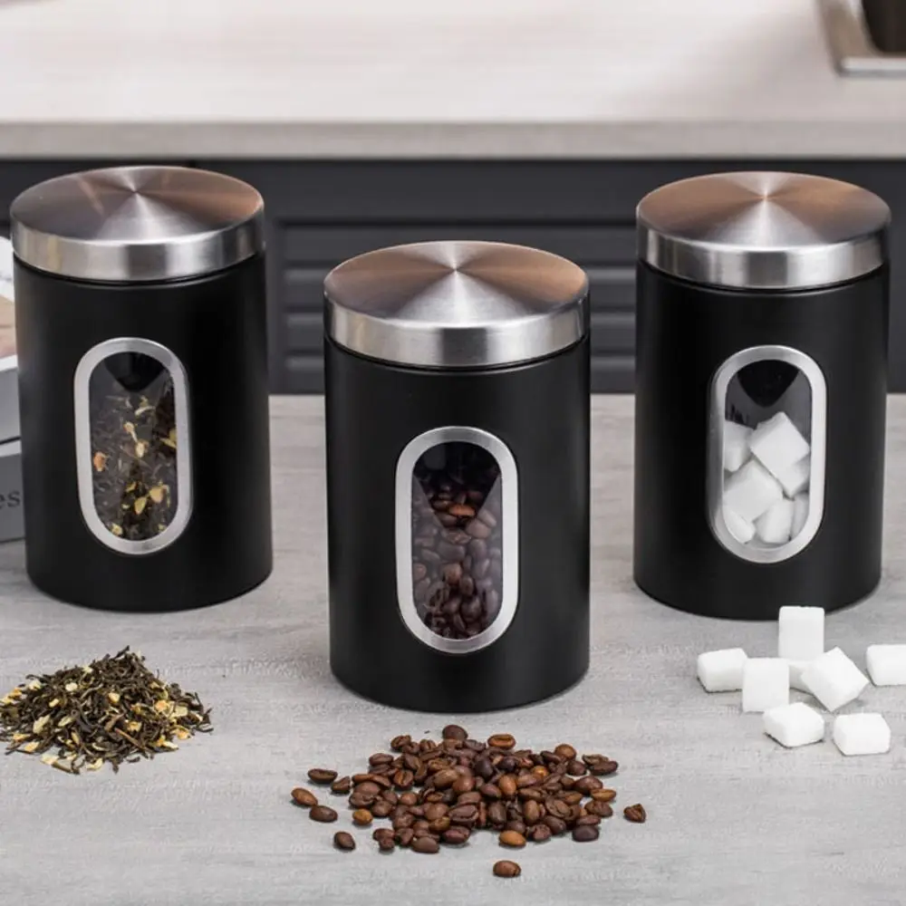 

3PCS Stainless Steel Beans Canister Set Food Container Clear Window Tea Tank Kit Simple Design Multipurpose Grains Storage Jars