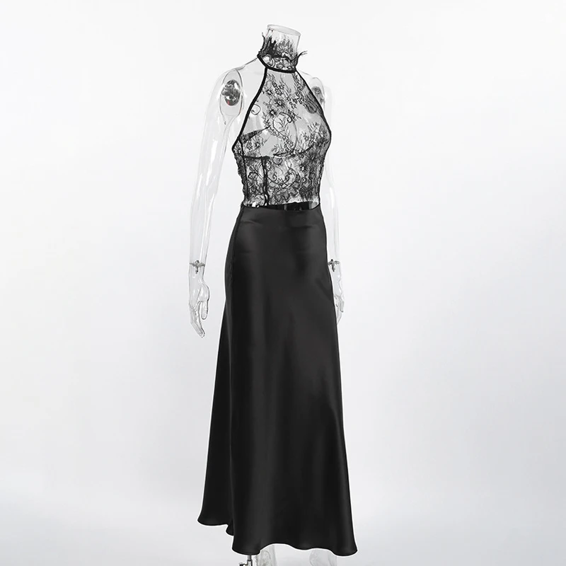 Black Lace See Through Top Set Women's Sexy Off-shoulder Halter Tops Satin Long Skirt Sets 2026 Lady Banquet Club Outfits view 6
