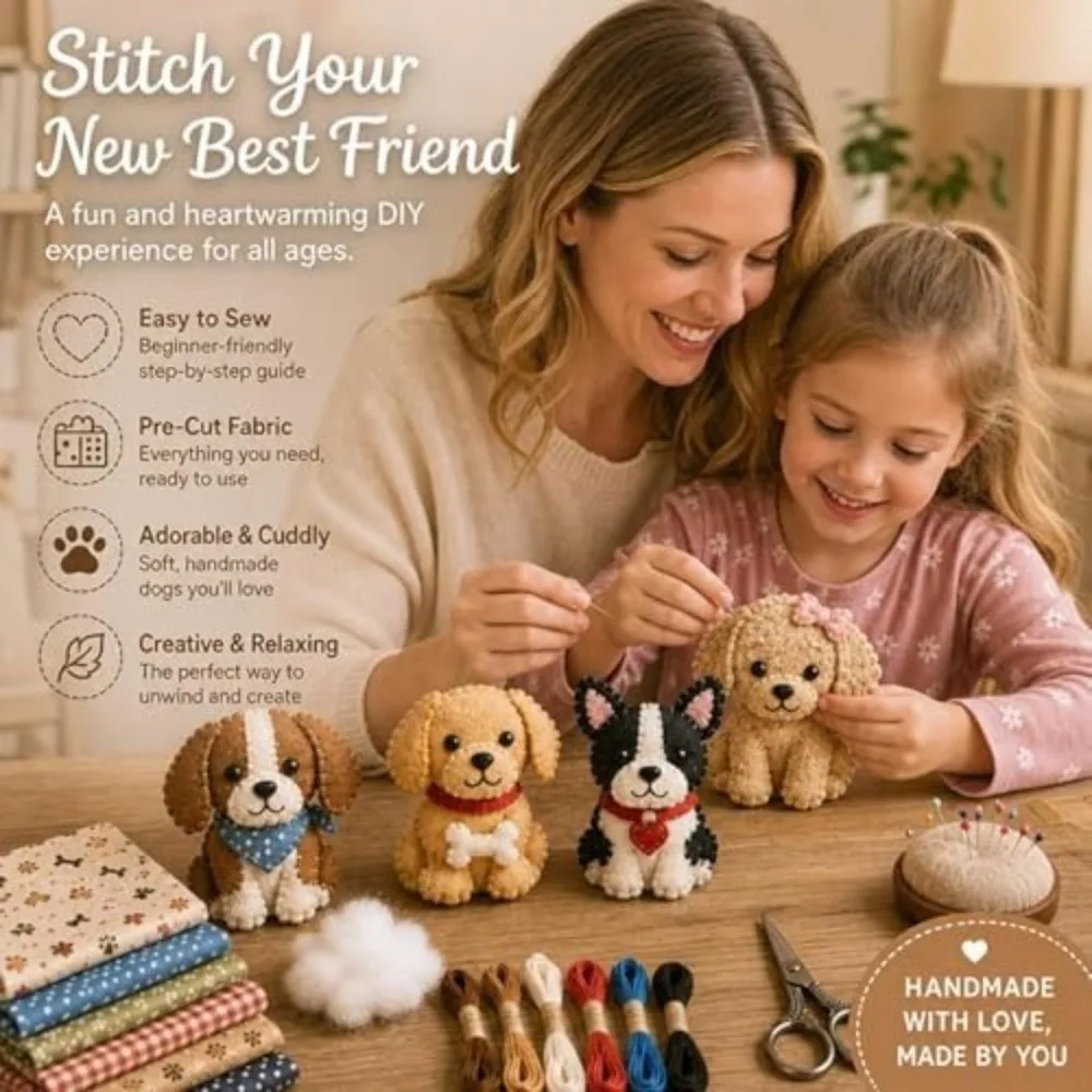 Cartoon Animals DIY Sewing Kit with Guide Pre-cut Fabric Handmade Sew Set Easily Sewing Bird Cat Dogs Fabric Art Craft Set