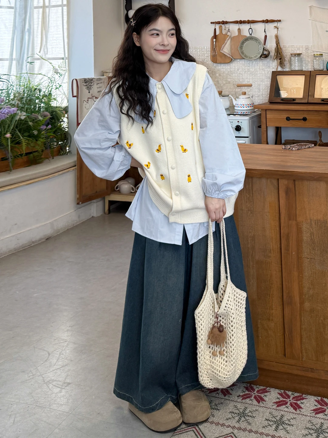 

plus Size Spring Faion Set Korean Sle Long Sve Doll Collar Embroidered Knitted Vest Jeans High Waist Trousers for plus...