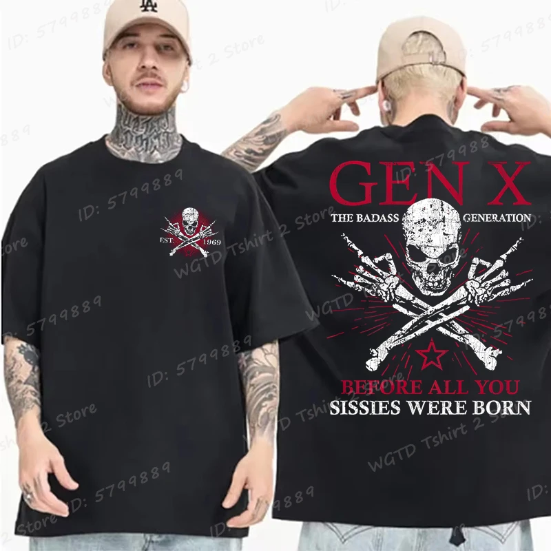 Funny Skull Gen X The Badass Generation T-Shirt Short Sleeve T-shirts Men's Streetwear Cotton Oversized Tees Funny Gen X Shirt