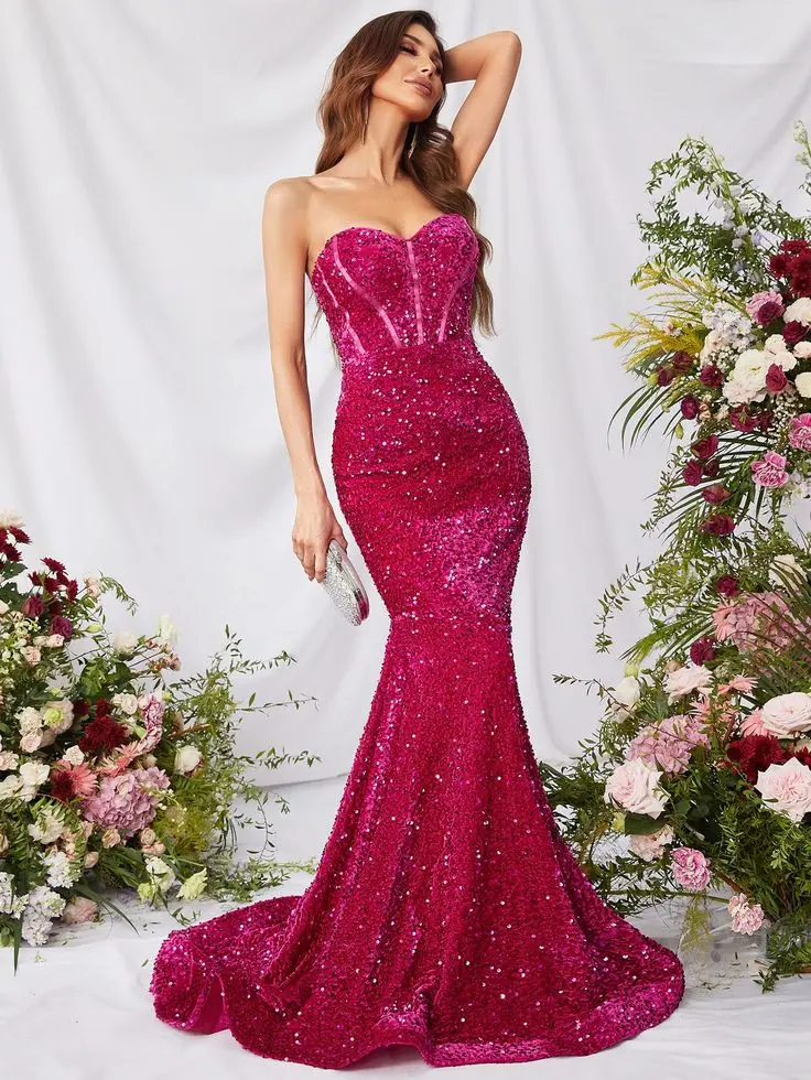 

Mermaid Evening Dresses Sequined Sparkly Bling Slim Strapless Sweetheart Formal Party Prom Gowns Custom Made