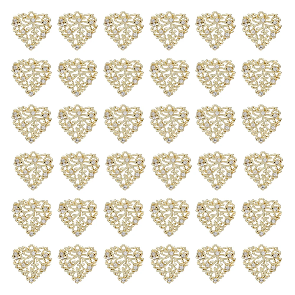 40pcs Heart Charms with Branch and Leaf Charms Filigree Heart Pendants Alloy Pendants Light Gold Rhinestone Heart Charms