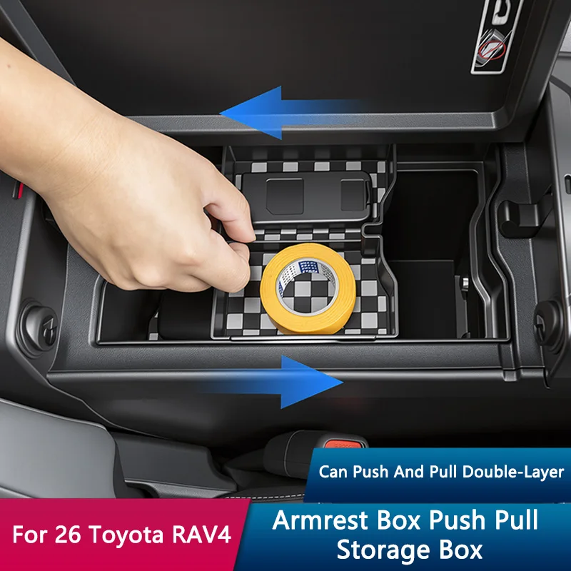 QHCP Car Armrest Storage Box Sliding ABS Push Pull Armrest Box Compartment Organizer Tray Double-layer Fits For Toyota RAV4 2026
