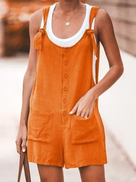 2024 Summer Women Jumpsuit Sleeveless New Solid Color Round Neck Button Loose Short Casual Pocket Stitching Rompers Playsuits