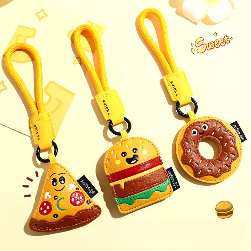 cute kawaii cartoon donut hamburger pizza keychain pu leather keyring car keyfob for women men simulation food bag pendant charm