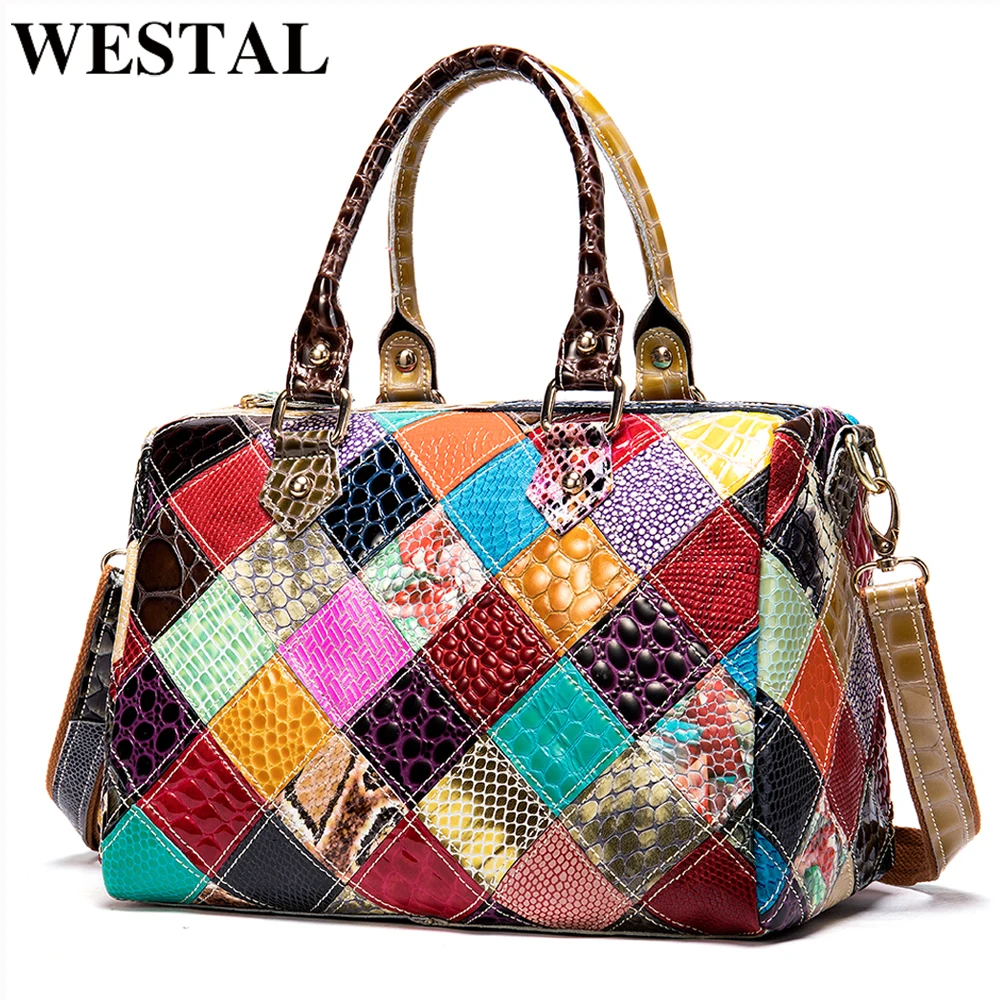 

WESTAL Women's Leather Bags Patchwork Top-handle Bags women's bag genuine leather handbags designer shoulder bags female 277