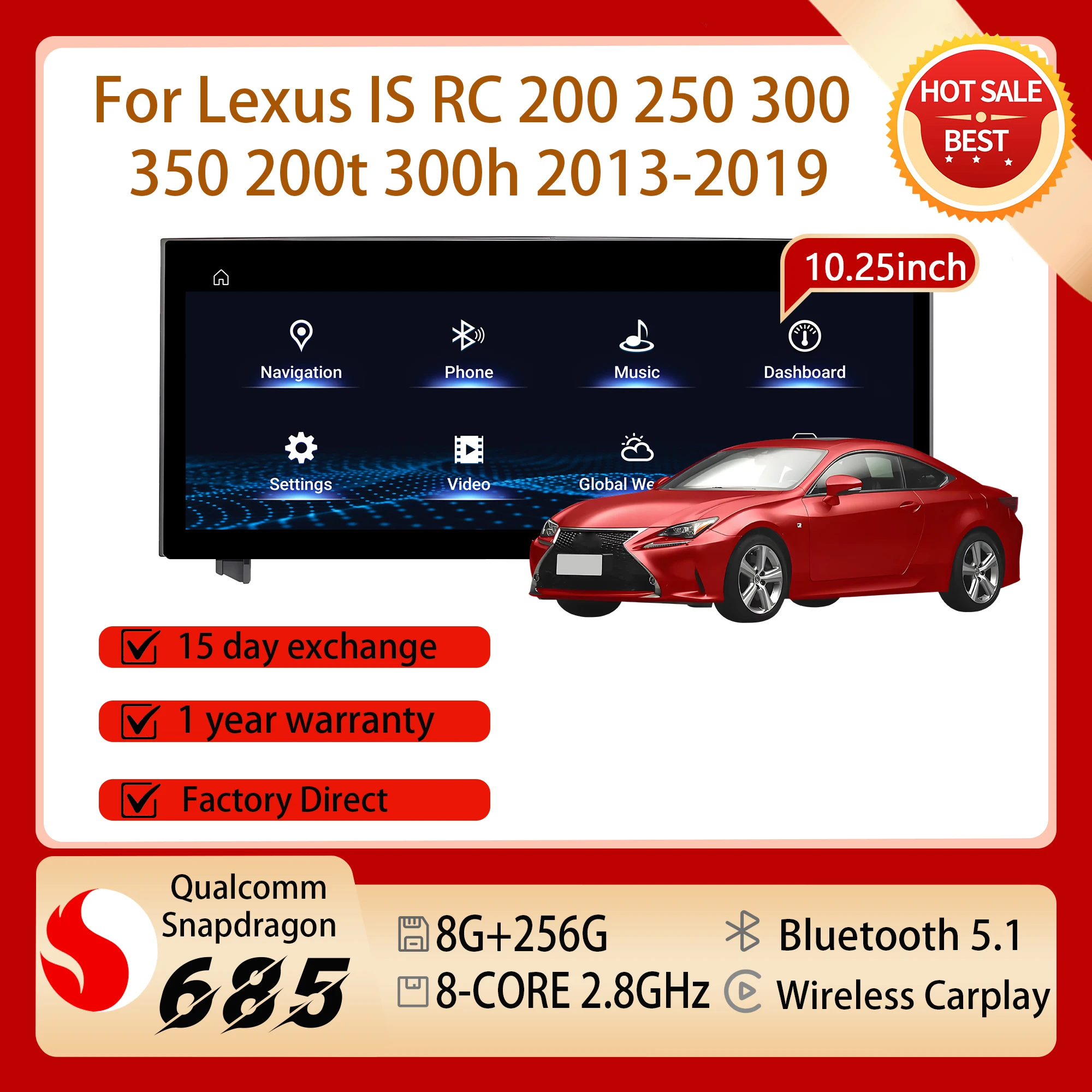 10.25 inch Carplay Android 14 For Lexus IS RC 200 250 300 350 200t 300h 2013-2019 GPS Navi Snapdragon 680 Touch Screen Car Radio