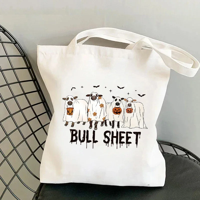 Cat Chicken Sheet Pumpkin Halloween Print Canvas Tote Bag Reusable Shopping Bag Large Capacity Handbag Travel Shoulder Bags Gift