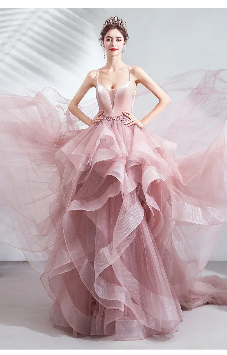 LZPOVE Pink Prom Dresses Luxury Ball Gown Tulle Puffy Layered Ruffles Graduation Gowns Spaghetti Strap Beads Evening Party