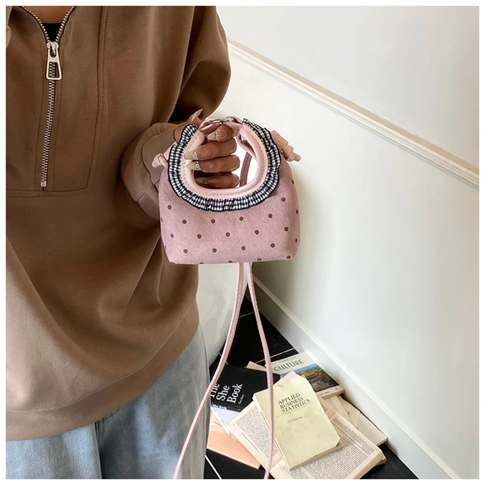 

Sweet Mini Suede Handbag Women Dots Print Patch Lace Hem Crossbody Bag Female Leisure Commuting Messenger Packs Lady Purses