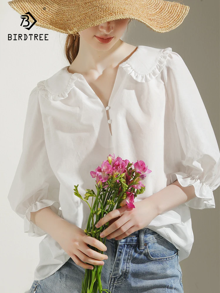 BirdTree, 30%Natural Silk Elegant Shirt, Women 3/4 Sleeve Peter Pan Collar, French Preppy Style Loose Blouse, Autumn T40715CC