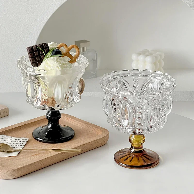 Thickened Wide-Mouth Glass Cup with Relief Ice Cream Bowl High Foot European Style Glass Cup for Summer Dessert Transparent