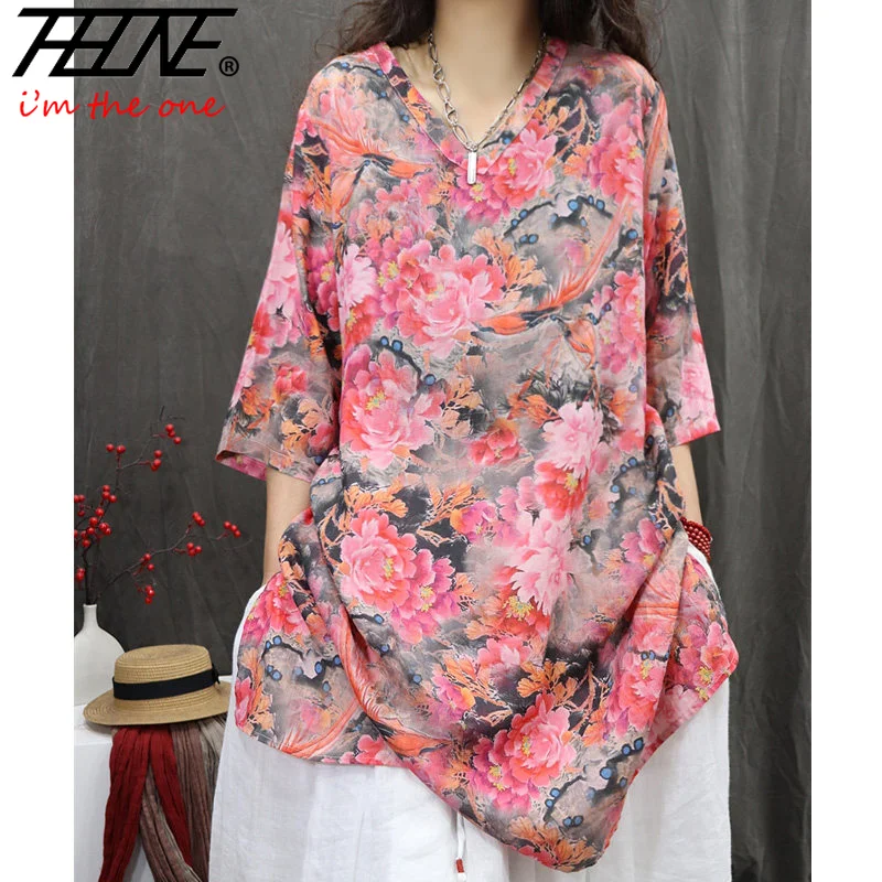 THHONE New Fashion Summer Woman Blouse 2025 Floral Pullover V-Neck Print Elegant Vintage 3/4 Sleeves Korean Style Loose Shirts