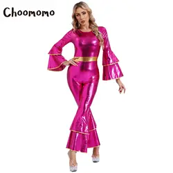 Womens Disco Costumes Sexy Shiny Metallic Retro Dance Jumpsuit 70s 80s Hippie Themed Party Halloween Cosplay Fancy Dress