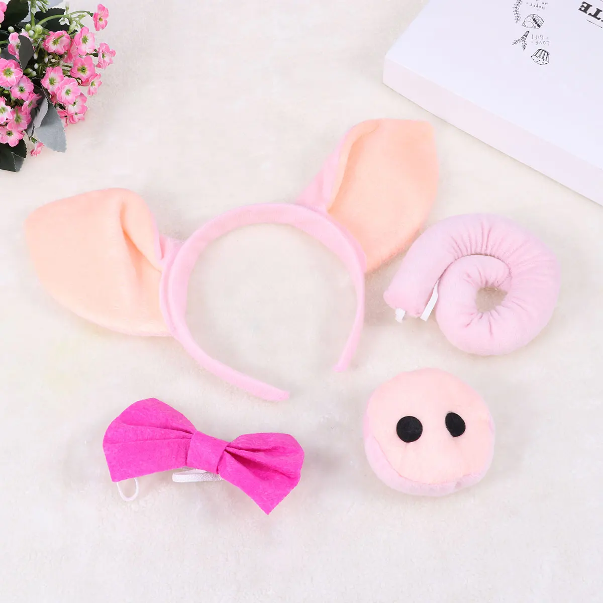 

4pcs Pig Costume Accessories Set Headband Ears Nose Tail Bow Size Premium Fabric Halloween Dress Up Cosplay