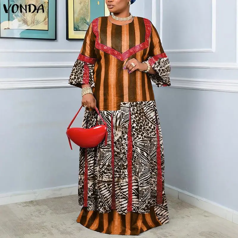 Plus Size 5XL VONDA Women Fashion Maxi Dress Flare Sleeve Casual Loose Print Long Sundress Vintage O-Neck Party Robe Oversized