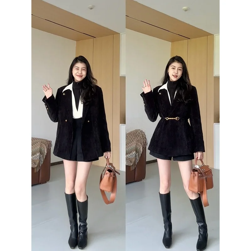 

High Waist Color Blo irt And ort Set High Faion Versatile Autumn Winter Outfit Korean Sle Commute Wind White Du down