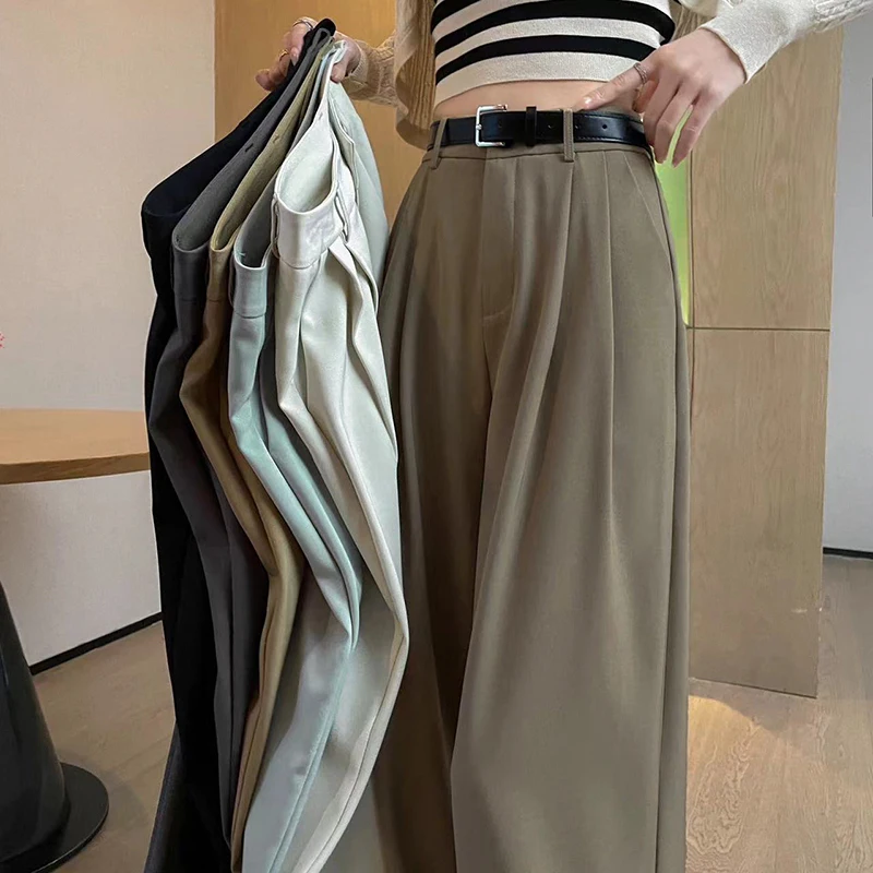 High Waist Suit Wide Leg Women\'s Full Pants with Belted 2024 New Spring Summer Female Elegant Minimalism Straight Loose Trousers