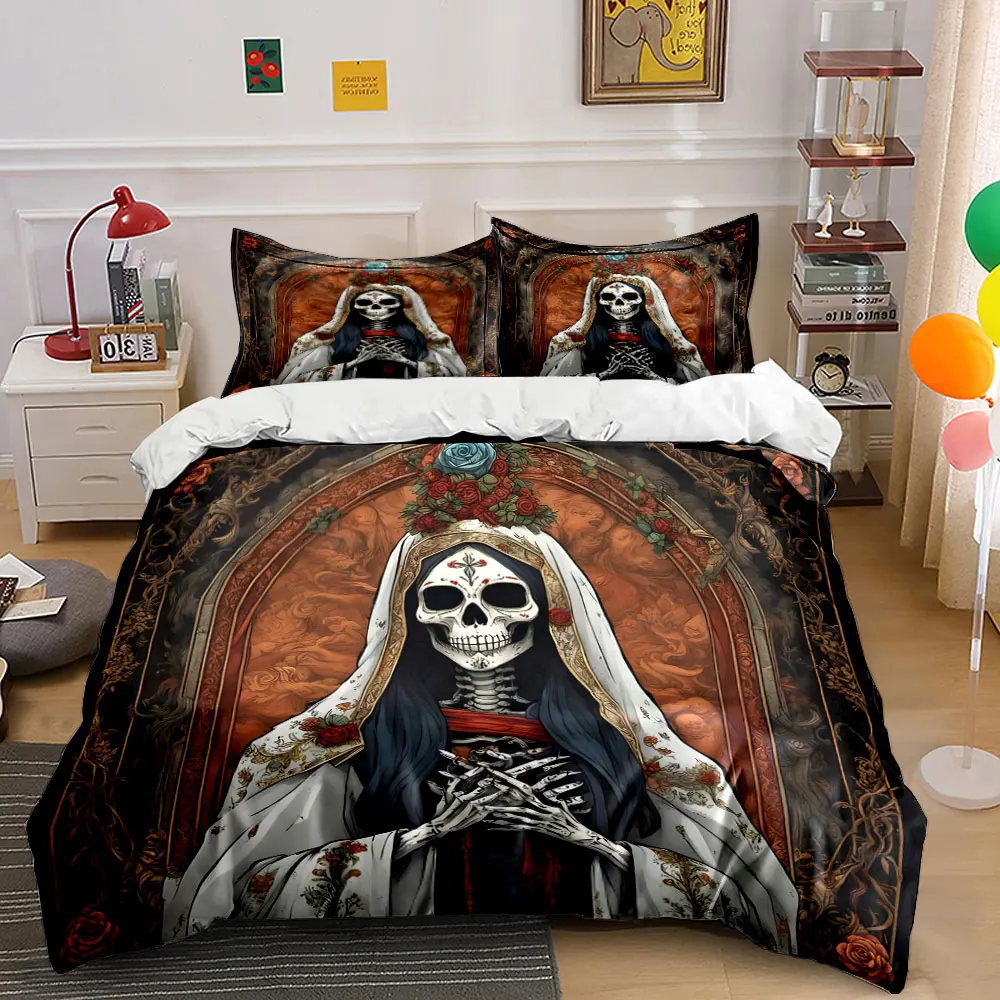 Skeleton bride with rose background Duvet Cover Set Digital Print Colorful Polyester Bedding with Zipper Closur for gifts