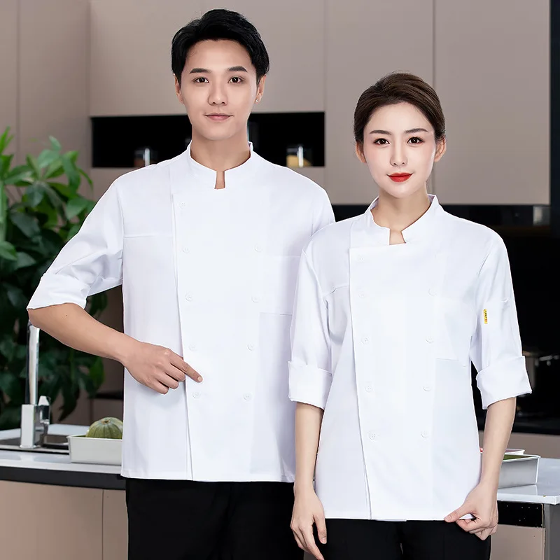 Waterproof and Oil-Proof Solid Color Double Breasted Chef Uniform 3/4 Sleeve Restaurant Restaurant Hot Pot Restaurant Rear Kitch