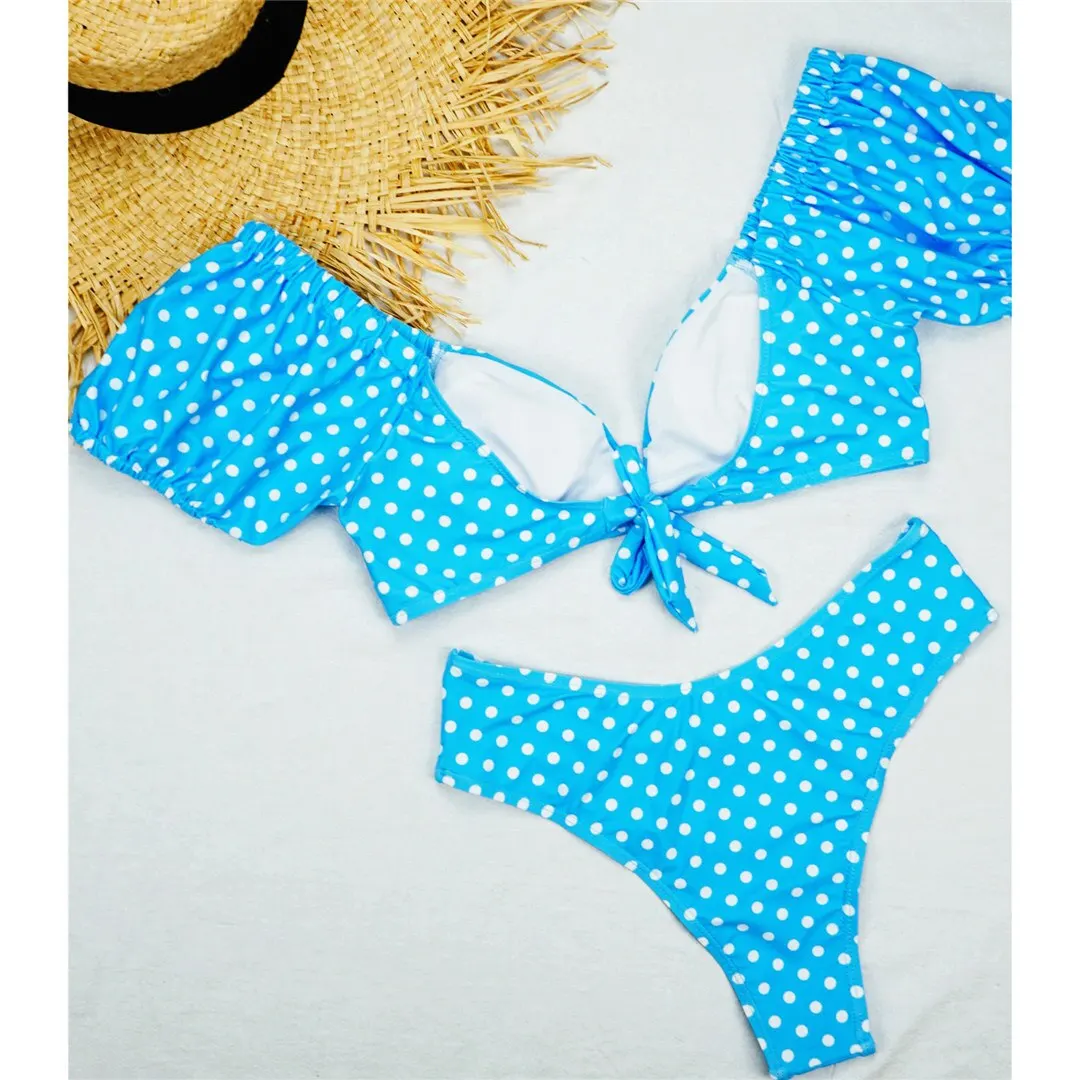 NEU Sexy Polka Dots V-Ausschnitt Bikini mit mittlerer Taille, Damen-Badeanzug, zweiteiliger Bikini-Set, Badebekleidung, Badeanzug, Schwimmanzug V1909 – Detail 20