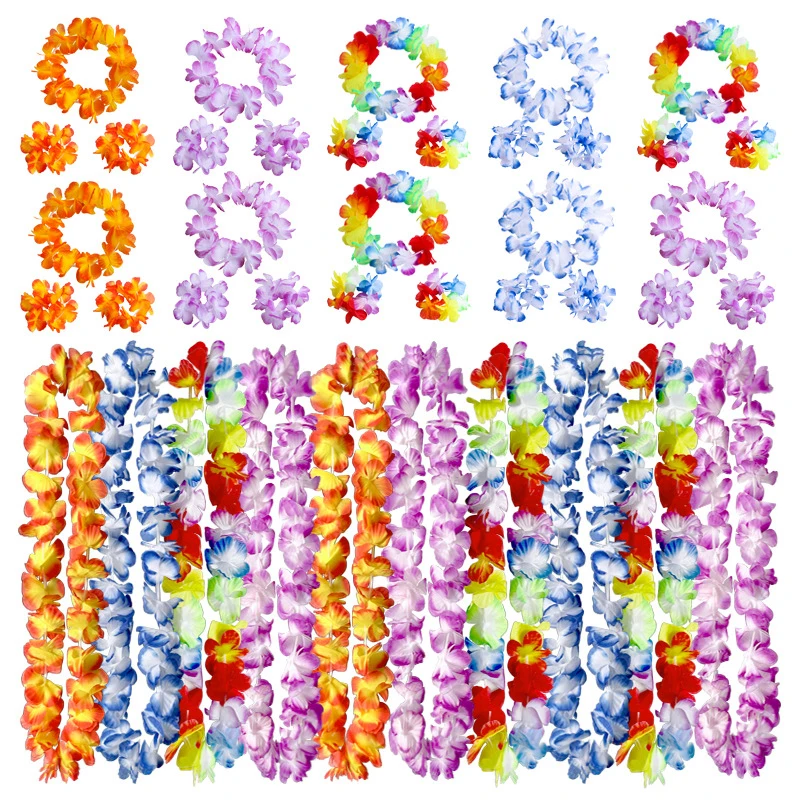 HUAHUAMake الحفلات الاستوائية لا تُنسى مع 4 قطعة/المجموعة هاواي زهرة اصطناعية Leis وقلادة وإكليل وعصابة الرأسHUAHUA
