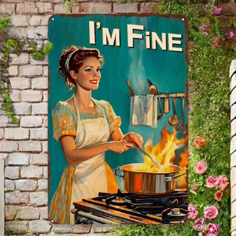 Señal Metálica 2D Flat Años 50 Cocina Divertida I'm Fine, Arte Pared Rústica Antigua, Decoración Ideal para Hogar, Playa y Zones