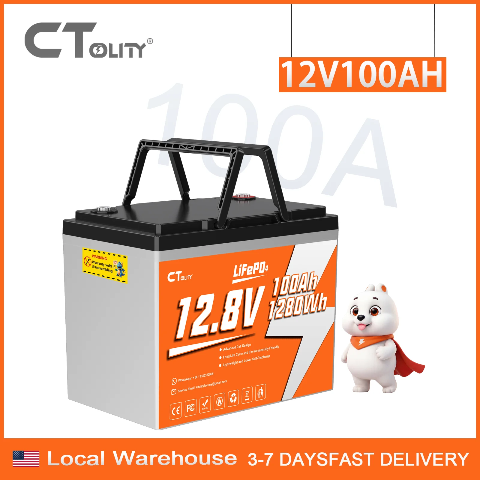 Ctolity 12V 100Ah LiFePO4 Battery Pack 1280Wh 15000+ Cycles Deep Cycle Lithium Battery Built-in BMS 10kg Lightweight for RV Motorhome Solar Boat